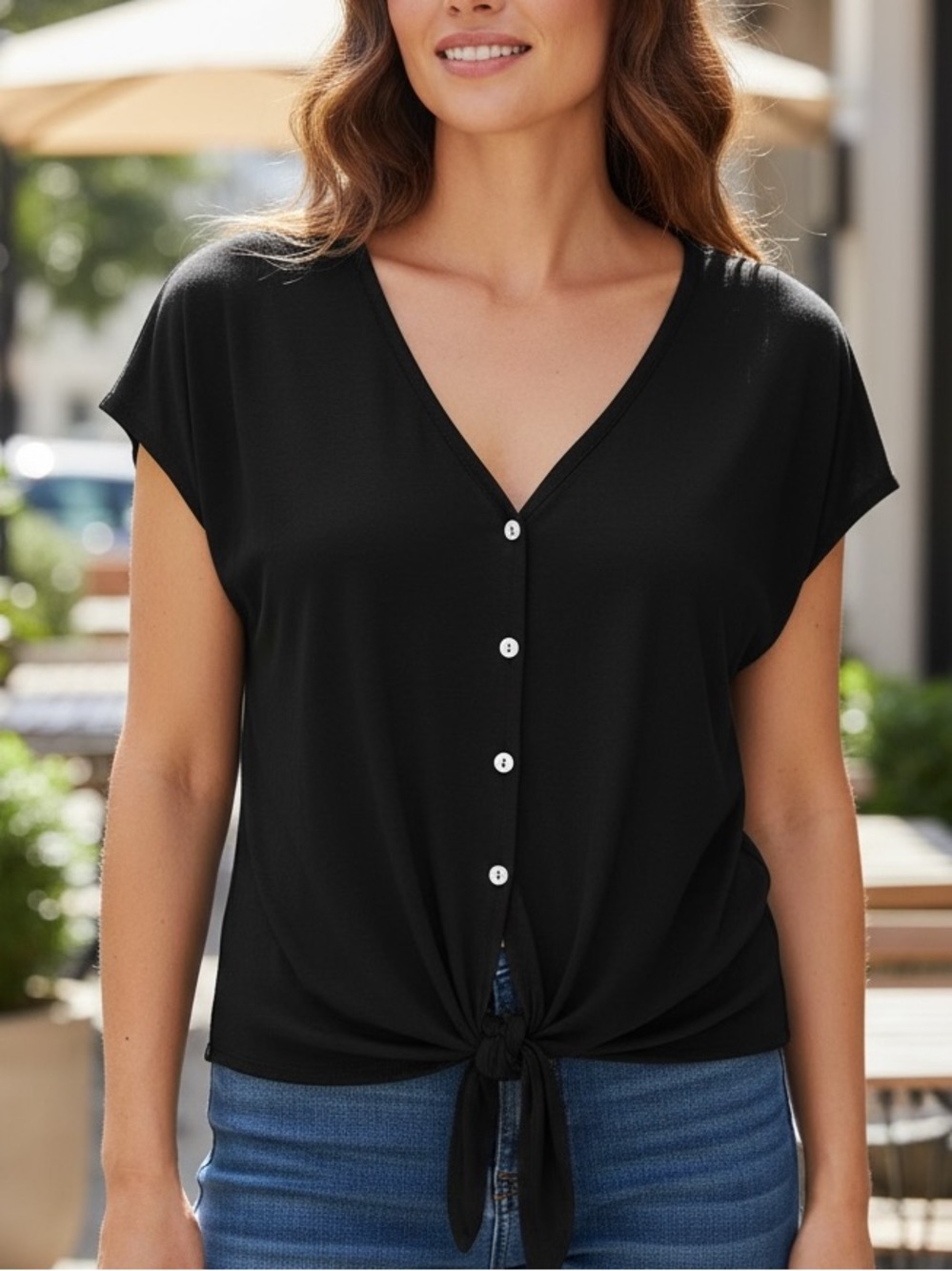Max Edition Cap Sleeve Button Down Tie Bottom Relaxed Fit Top Size L